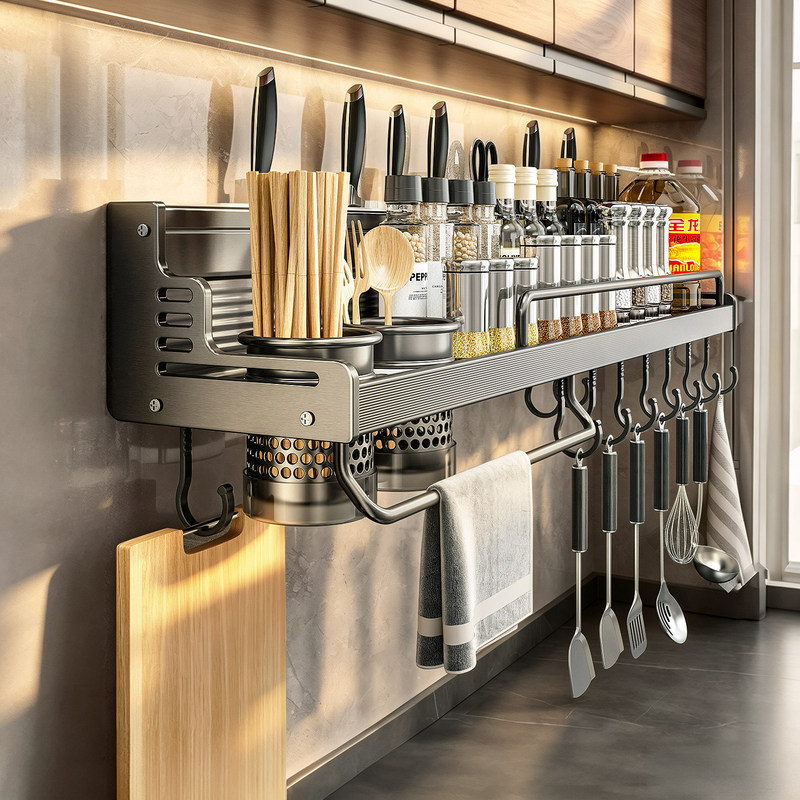 German Imported Fzy Kitchen Storage Rack Wall-Mounted Household Spice Rack No-Drill Wall-Mounted Chopstick Hook Rack