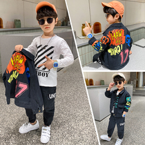 Childrens clothing Boys spring suit Childrens middle and large childrens autumn T-shirt three-piece set Foreign boy denim two-piece set tide