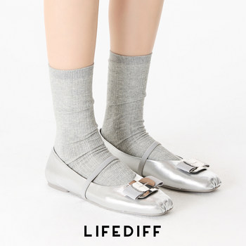 Thin Vertical Striped Light Gray Spring and Autumn Socks for Women, Suitable for Wearing with Small Leather Shoes, Cotton Socks, Slouch Socks, Long Socks, Summer Seamless Mid-Calf Socks