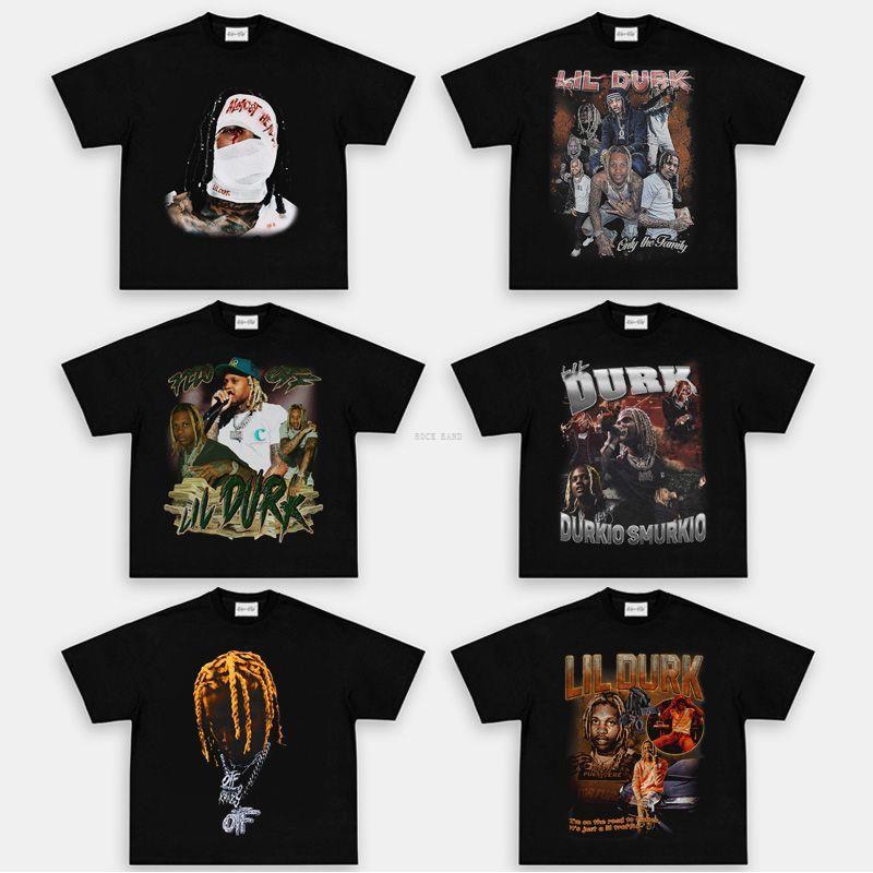 Lil Durk Li-Duke Dong Coast Hip-Hop Rap Retro Cut Out Print Loose T-Shirt Round Neck Short-Sleeved Trendy