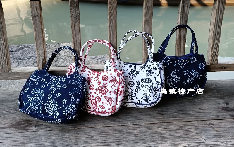 Uzhen Featured Handmade Batik Blue Printed Cloth Small Round Bag Mama Buy Food Bag Retro National Wind Zipper Handbag 