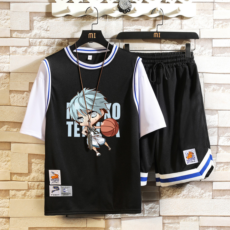 Short-Sleeved Fake Two-Piece Jersey for Boys and Older Children, Summer Quick-Drying Basketball Uniform, Youth Junior High School Student Sports Suit