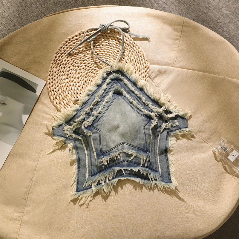 American-Style Sexy Sleeveless Backless Denim Tassel Bellyband-Style Camisole for Women, Can Be Worn as an Inner or Outer Layer, Unique Design Top