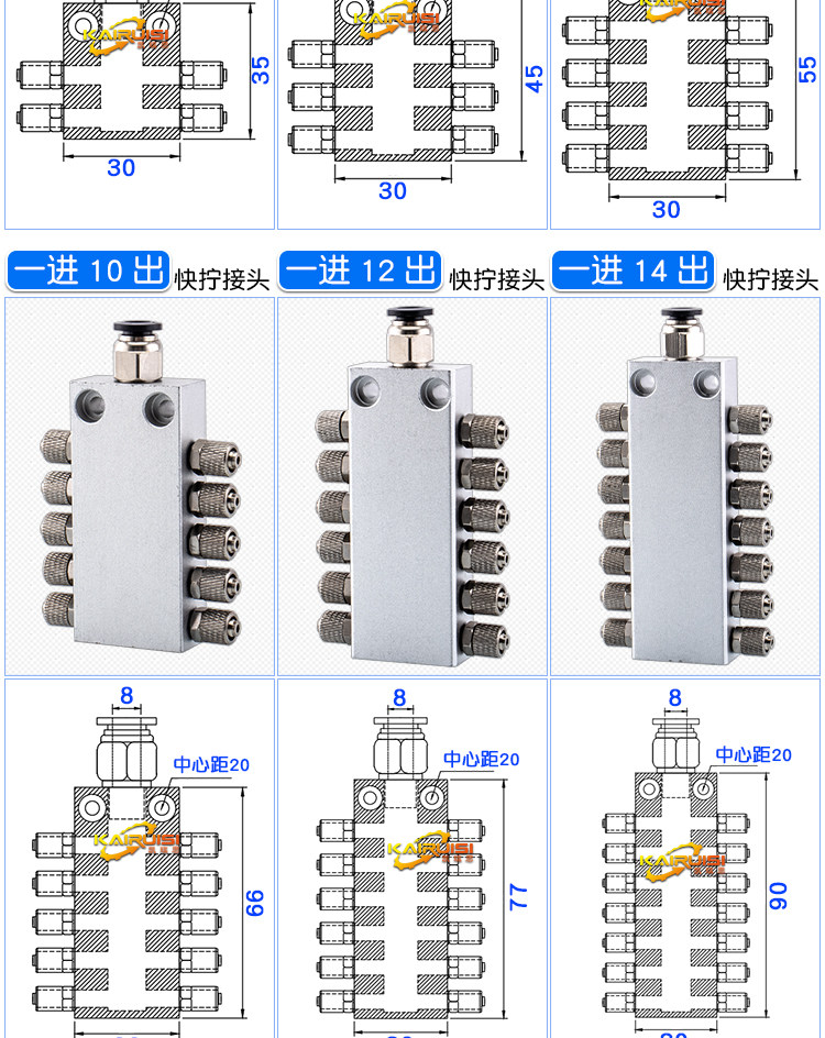Вакуумные Чак 机械手真空工业气动配件气排分流器进气8一进4/6/8/10/12/14/16出 Kairui siming