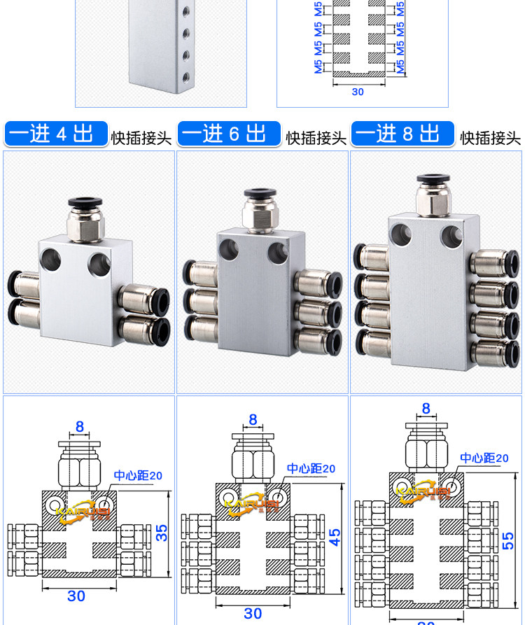 Вакуумные Чак 机械手真空工业气动配件气排分流器进气8一进4/6/8/10/12/14/16出 Kairui siming