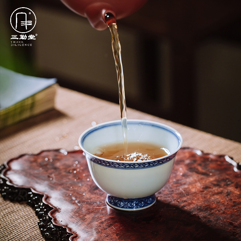 Three frequently hall blue ancient COINS, a cup of jingdezhen porcelain hand - made porcelain sample tea cup masters cup tea tea cups