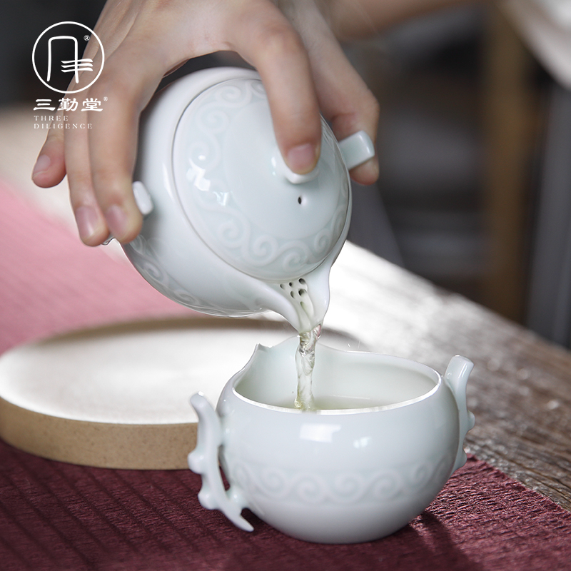 Kung fu tea set three frequently hall jingdezhen ceramic fair BeiYing green manual its tea tea cup and cup