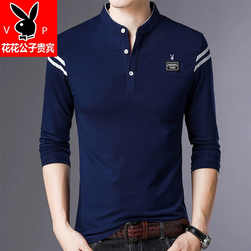 Playboy VIP Áo thun dài tay Nam Thanh niên Cổ áo đứng Cotton Slim Áo thun Thời trang Hàn Quốc Mùa xuân hoang dã - Áo phông dài