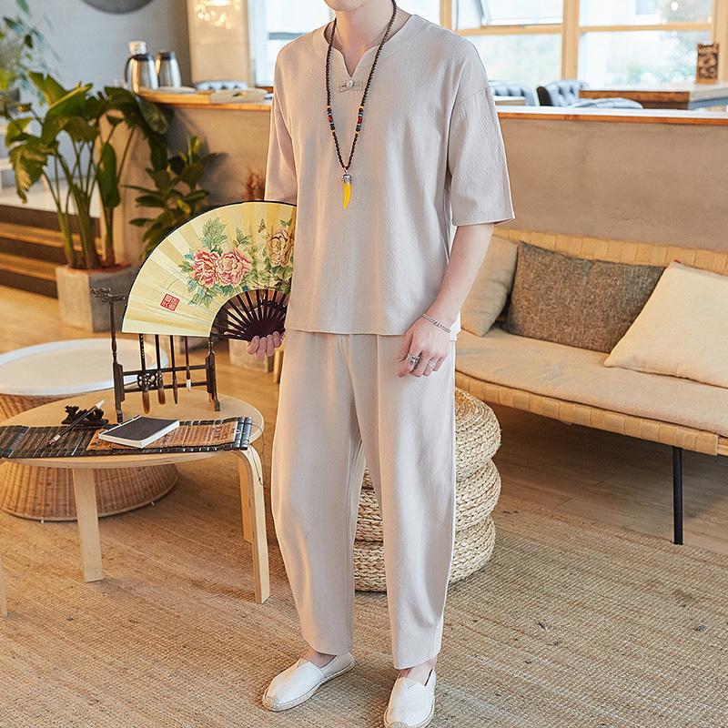 Men's Summer Pajamas Chinese Style Linen Short-Sleeve Nine-Point Long Pants Home Cotton-Linen Loose Large Size Zen Clothing Set