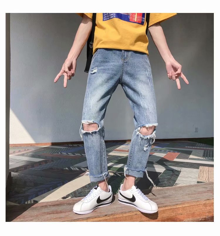 LMTNZD quần jeans lỗ mùa thu nam phiên bản Hàn Quốc của xu hướng tự tu luyện chân lỏng lẻo quần đùi
