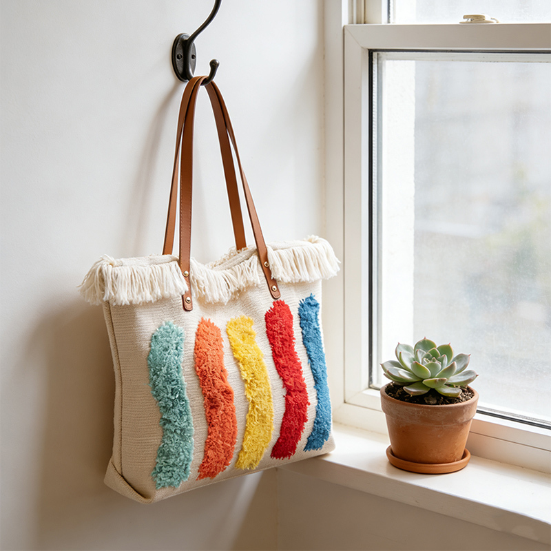 Rainbow Striped Plush Tote Bag for Women 2026 New Retro Canvas Large Capacity Handbag Shoulder Bag with a High-End Feel