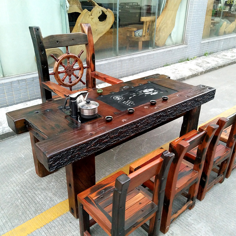 Old boat wood tea table and chair combination solid wood coffee table Kung Fu tea table living room self-installed home outdoor tea table furniture