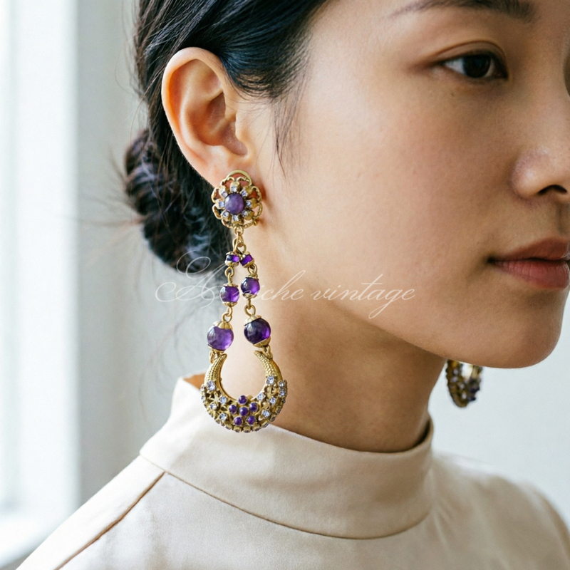 Vintage Retro Palace-Style Purple Star and Moon Glass Inlaid Long Earrings for Women with Elegant Temperament