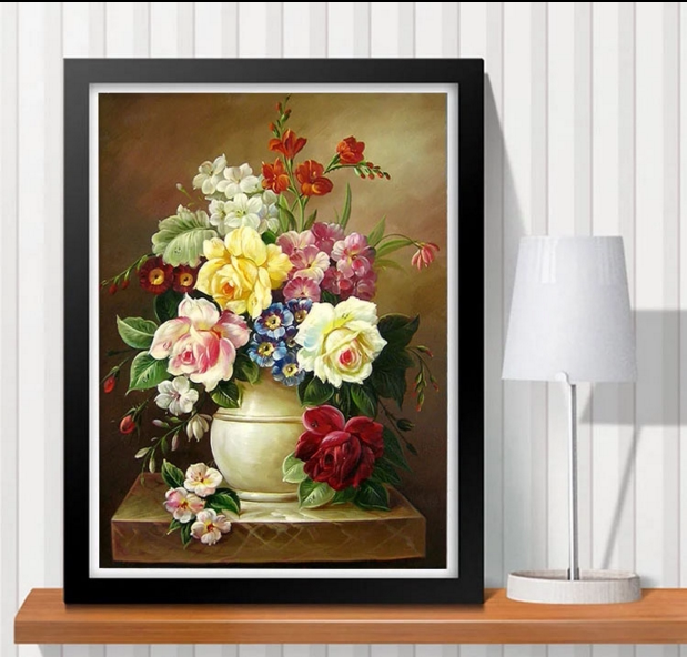 Full embroidered European cross stitch Silk thread small living room simple modern vase Rose cross stitch Bedroom peony flower