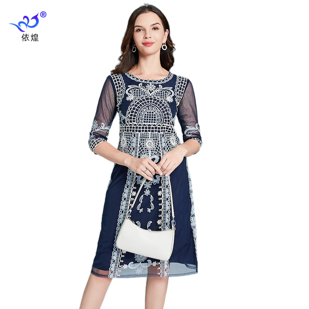 European and American web yarn embroidery embroidered dress with sleeves large size for women's disc embroidered sequel to high waist banquet