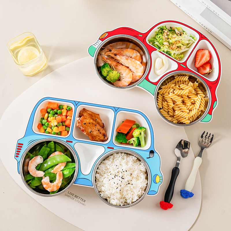 Baby Feeding Tray for Infants over One Year Old, Stainless Steel Meal Prep Tray, Beautiful Set, Steamable, Compartmentalized, Car-Shaped Design Baby Feeding Tray for Infants over One Year Old, Stainless Steel Meal Prep Tray, Beautiful Set, Steamable, Compartmentalized, Car-Shaped Design