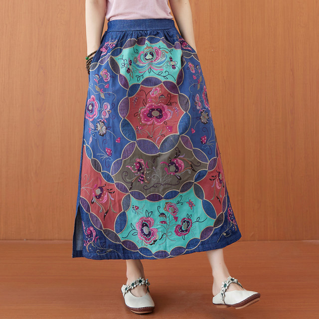 Summer heavy embroidered retro style commuting mid-length skirt