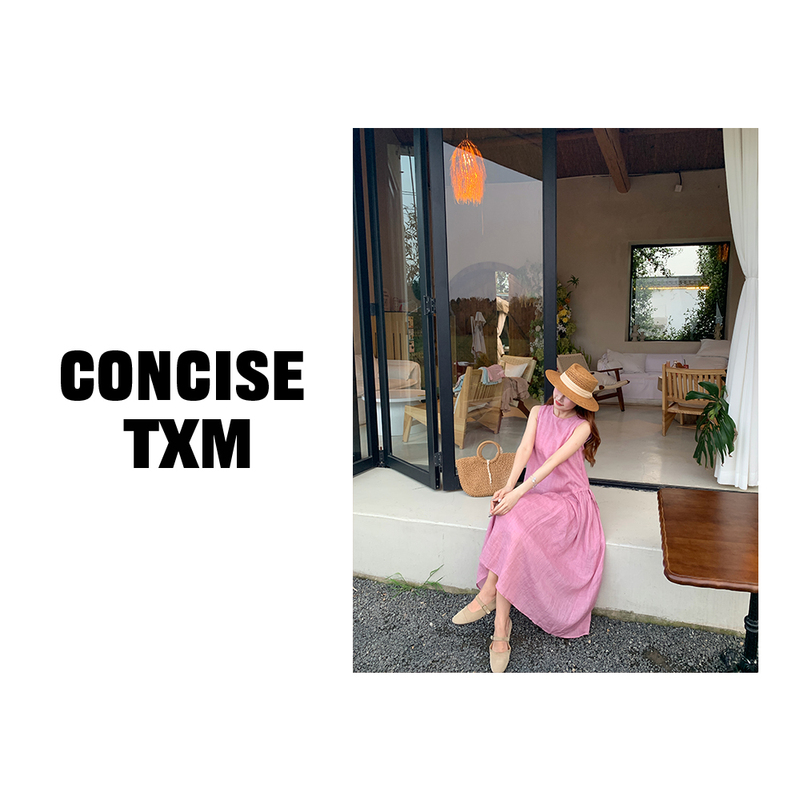 [Tang Xiaomu] Pink Sleeveless Dress, Summer Loose-Fitting, Elegant, Waist-Cinching, Slimming Dress L26113