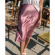Satin imported acetate solid color elastic waist silk A-line drape silky slim slim mid-length skirt for women