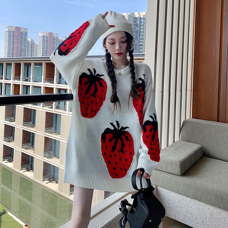 Strawberry jacquard round neck mid-length sweater women's 2022 autumn and winter new loose, lazy wind, soft waxy outerwear sweater