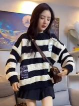 Autumn Winter 2022 New collage streaks Lazy Wind Sweater Women Retro Stickup Pettiao Dresses Long Sleeves Hooded Blouse