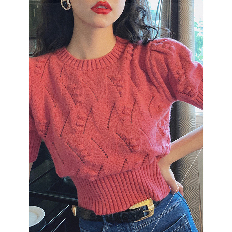 Retro Port Wind Hollowed-out Round Lead Knit Cardiovert Woman Early Spring Summer Bubble Cuff Closets Waist Display Slim Knit Short Sleeve Blouse 