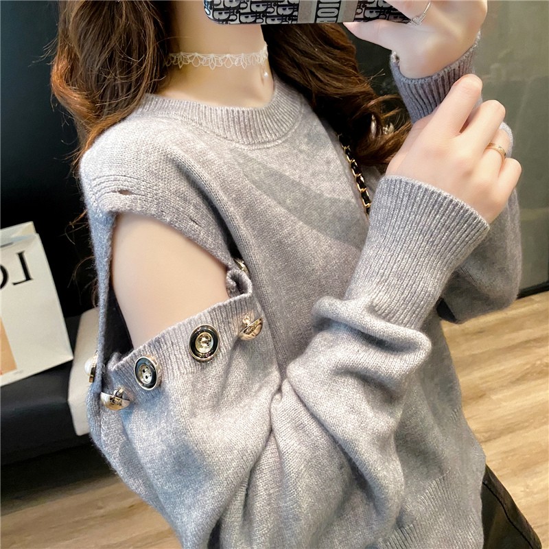 Early autumn careful machine off-the-shoulder sweater women's 2021 college style solid color all-match loose top bottoming knitted sweater Hong Kong style