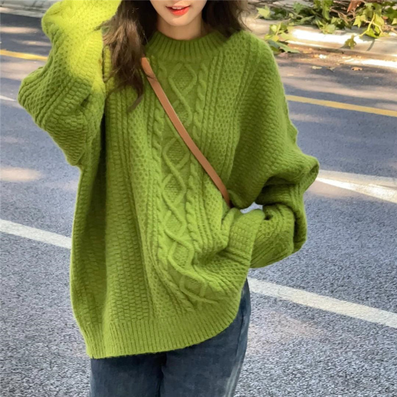 Green diamond sparkle sweater female spring and autumn 2022 new Japanese Lazy retro knitting tops autumn and winter sentiment