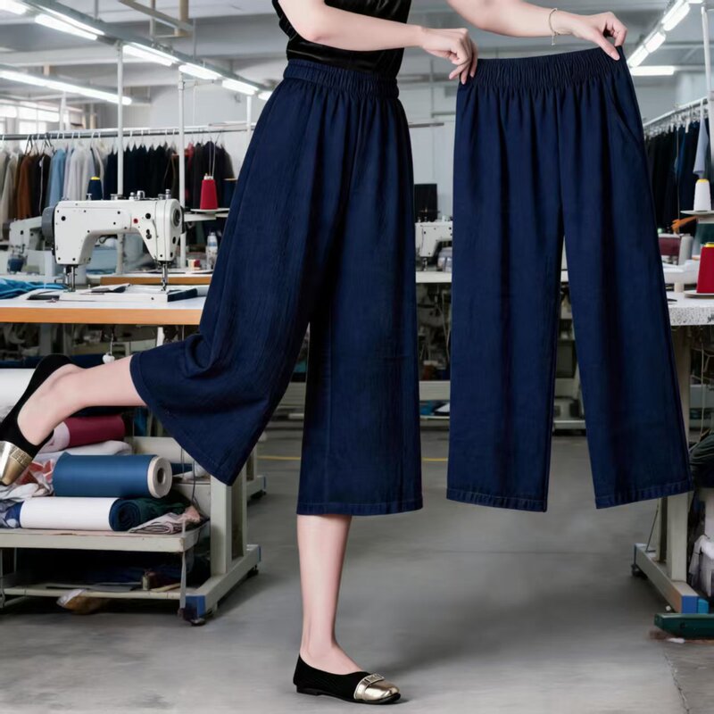 Korean Style Cropped Pants for Women, Summer Thin Casual Pants, Loose Slimming Cropped Pants for Moms, Wide-Leg Pants, Mid-Length Women's Pants