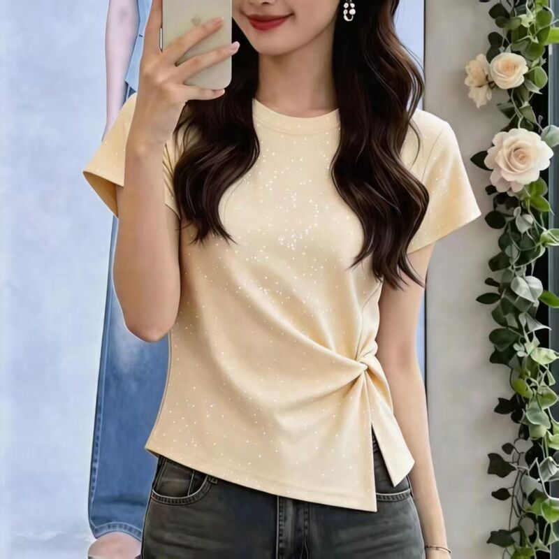 Irregular Korean-Style Starry Sky Summer Regular Shoulder T-Shirt, New Short-Sleeve Design with Sequins, Twisted Knot, Slim Fit, Versatile Top Irregular Korean-Style Starry Sky Summer Regular Shoulder T-Shirt, New Short-Sleeve Design with Sequins, Twisted Knot, Slim Fit, Versatile Top