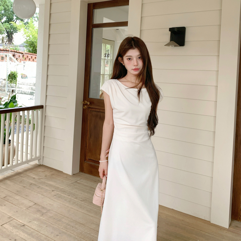 Summer Gentle and Simple High-End Elegant White Long Dress for Women, White Moonlight Design Short-Sleeved Long Dress