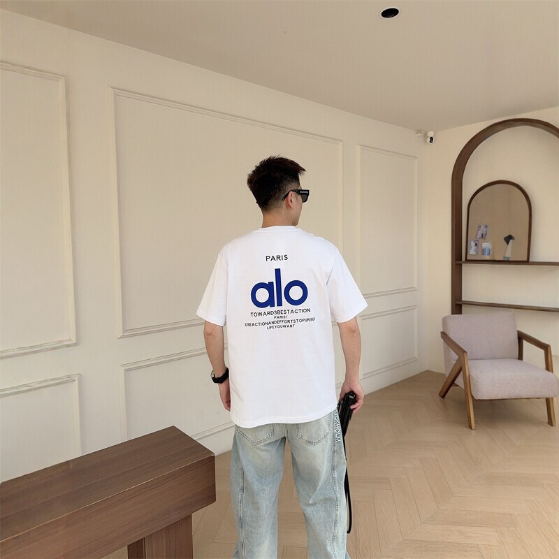 Alo Short-Sleeved T-Shirt with Letter Print for Men 26 Spring and Summer New Casual Loose Top Pure Cotton Slightly Wide Round Neck Base Shirt