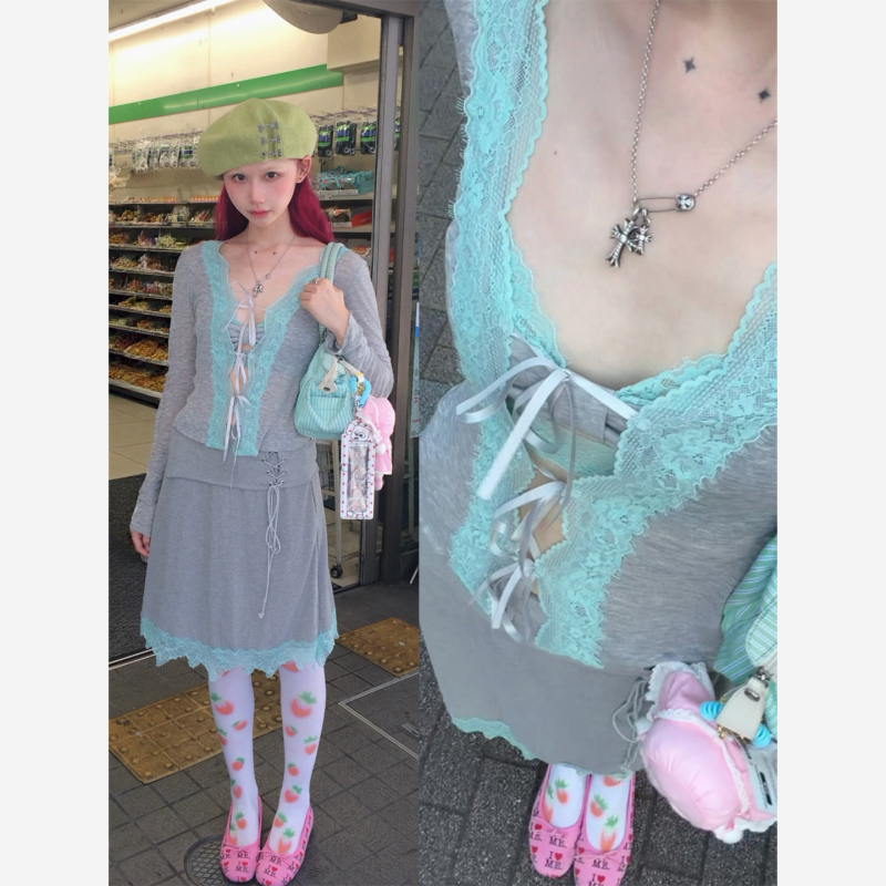 Gaki Oyo Original Gray Mint Green Lace Lyocell Sheer Base Layer/Comfortable High-Waisted Skirt