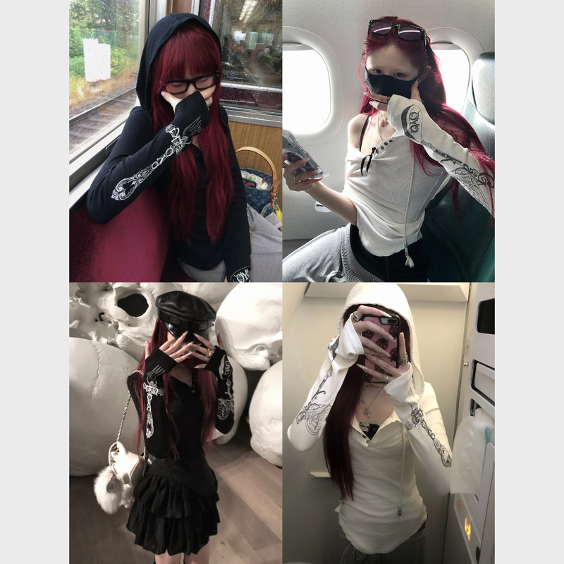 Gaki Oyo Original Early Autumn Hooded Sweatshirt with Tableware Print and Beaded Lace-Up Top