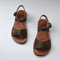 Full leather retro classic sandals women do not drop heel flat sandals genuine leather top layer cowhide foreign trade original single handmade sandals