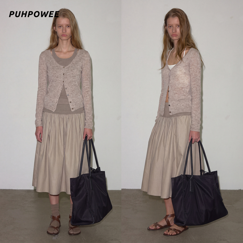 Puhpowee “53% Sheep Wool, 10% Mulberry Silk” Misty Cashmere Knit Cardigan Slim-Fit Long-Sleeve Top Puhpowee “53% Sheep Wool, 10% Mulberry Silk” Misty Cashmere Knit Cardigan Slim-Fit Long-Sleeve Top