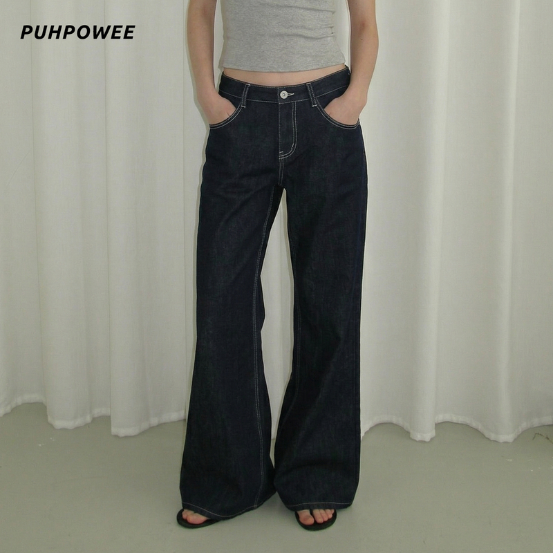 Puhpowee Zhan Zhan Style Low-Rise Flared Embroidered Jeans Wide-Leg Slimming Versatile Long Pants for Women
