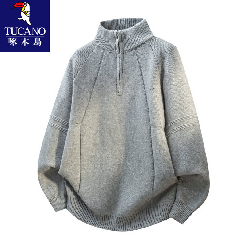 Woodpecker Half-Zip Stand-Up Collar Sweater for Men, Autumn and Winter Thickened Warm Knitwear, Teenage Boys' Knitted Base Shirt