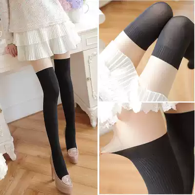 Spring fake two pieces of upper meat and lower black stitching stockings female tide spring and autumn day Fake High tube over the knee two color pantyhose