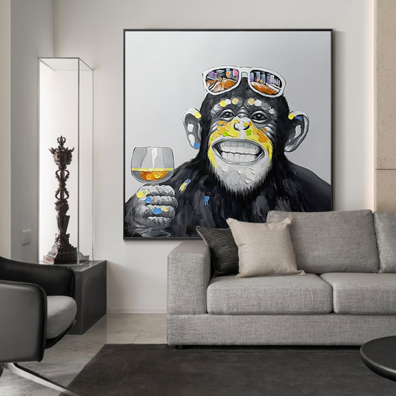 Pure hand-painted oil painting animal orangutan modern living room hanging painting dining room mural children's room decoration painting large black and white