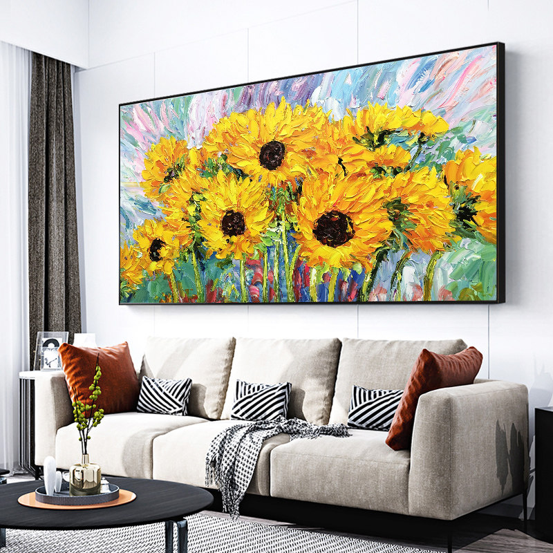 Pure Hand Painted Oil Painting Drawing Room Sofa Background Wall Decoration Painting Horizontal version Sunflower hanging painting Flourishing Mural