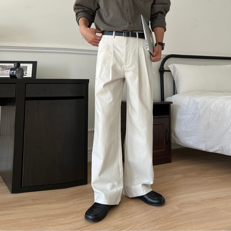 Ssumenam'Basic Commuting Old Money Style' White Straight Casual Pants for Men, Spring Loose Fit Versatile Long Pants
