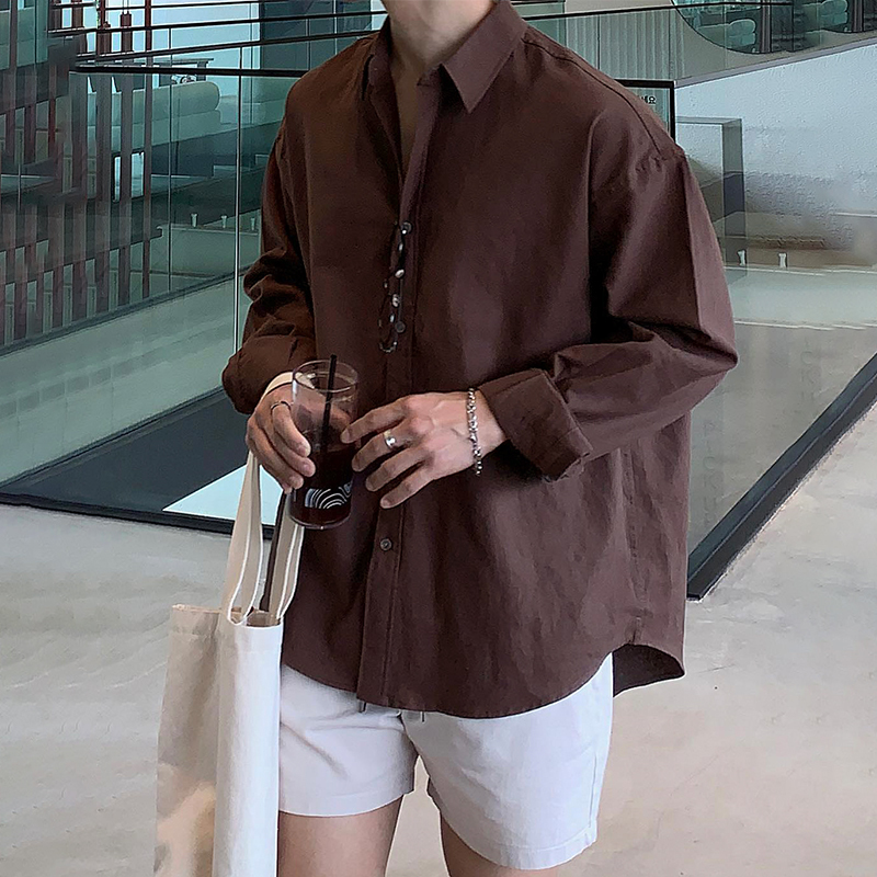 Ssumenam Coffee-Colored Long-Sleeved Shirt for Men, High-End Korean Style Shirt, Summer Loose, Cool and Unique Design Top