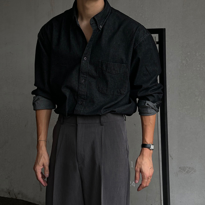 Ssumenam「Light Mature Style Washed Denim」Black Heavyweight Long Sleeve Shirt for Men, High-End Vintage Shirt