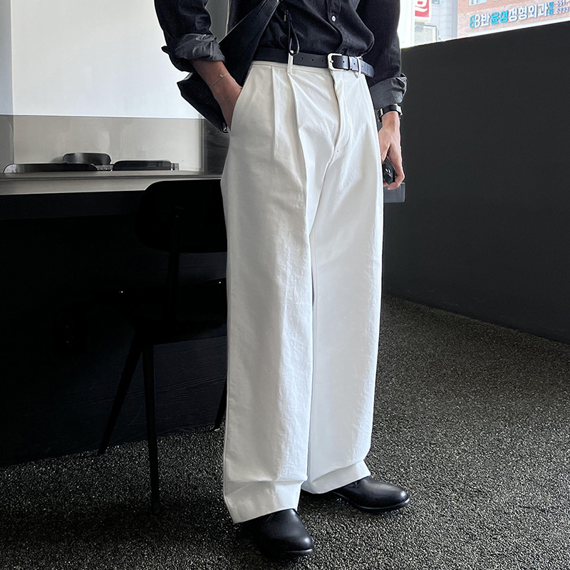 Ssumenam'High Quality' Straight-Leg Double-Pleated Casual Pants for Men, Loose Long Trousers for Autumn, Wide-Leg White Dress Pants Ssumenam'High Quality' Straight-Leg Double-Pleated Casual Pants for Men, Loose Long Trousers for Autumn, Wide-Leg White Dress Pants