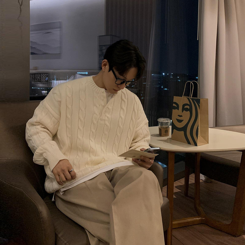 Ssumenam'Old Money New Rich' Henry Collar Twist Pattern Sweater for Men, Autumn and Winter Loose Casual Knitwear