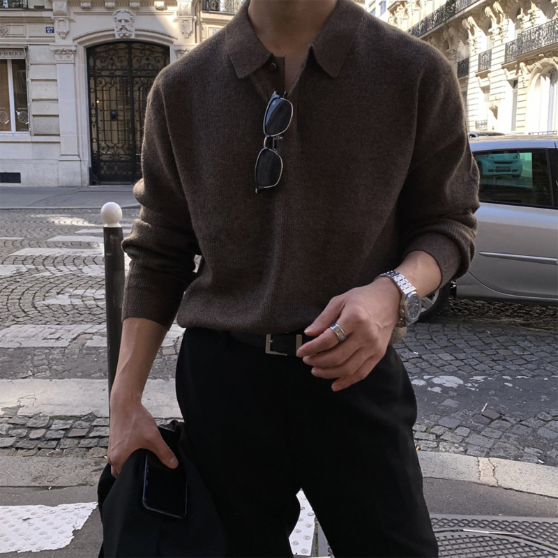 Ssumenam'Old Money Style Textured' Lapel Polo Sweater for Men, Autumn Loose Casual Knitwear Ssumenam'Old Money Style Textured' Lapel Polo Sweater for Men, Autumn Loose Casual Knitwear
