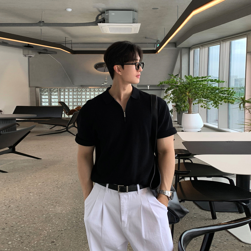 Ssumenam「Light Luxury Old Money Knitwear」Half-Zip Short-Sleeve Men's Summer Design-Focused Niche Base Layer Top