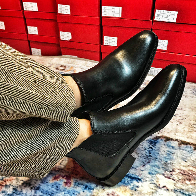 British retro shoes British square scalp boots business set feet leather shoes Chelsea boots men's tall casual leather shoes
