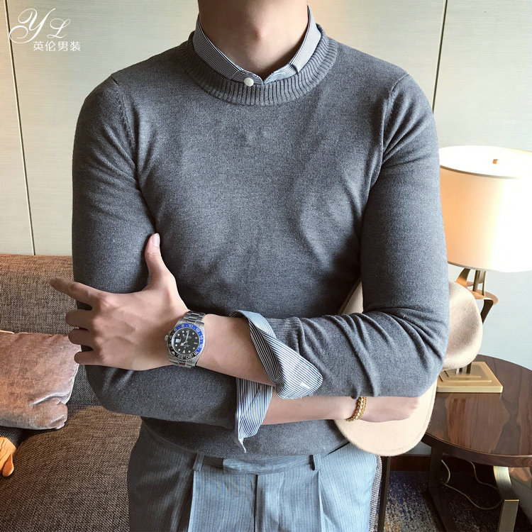 Mùa đông Nam Hàn Quốc Áo len cổ tròn Hàn Quốc Thời trang nam Áo len mỏng đan áo len màu rắn đan áo len trẻ trung blazer nam